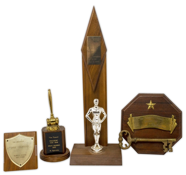 Lot of 21 Trophies & Certificates Awarded to Moe Howard From 1949-1975 -- Includes 5 Plaques & Trophies of Various Sizes, & 16 Certificates, Most Measuring Approx. 9'' x 12'' -- Very Good to Near Fine